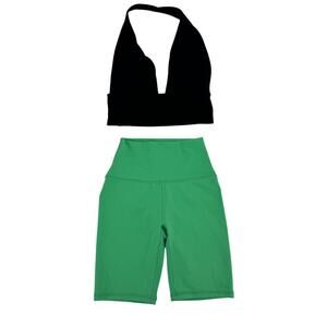 Wild Fable Women's XXS Black Green Workout Sets Bike Shorts Halter Tank Top
